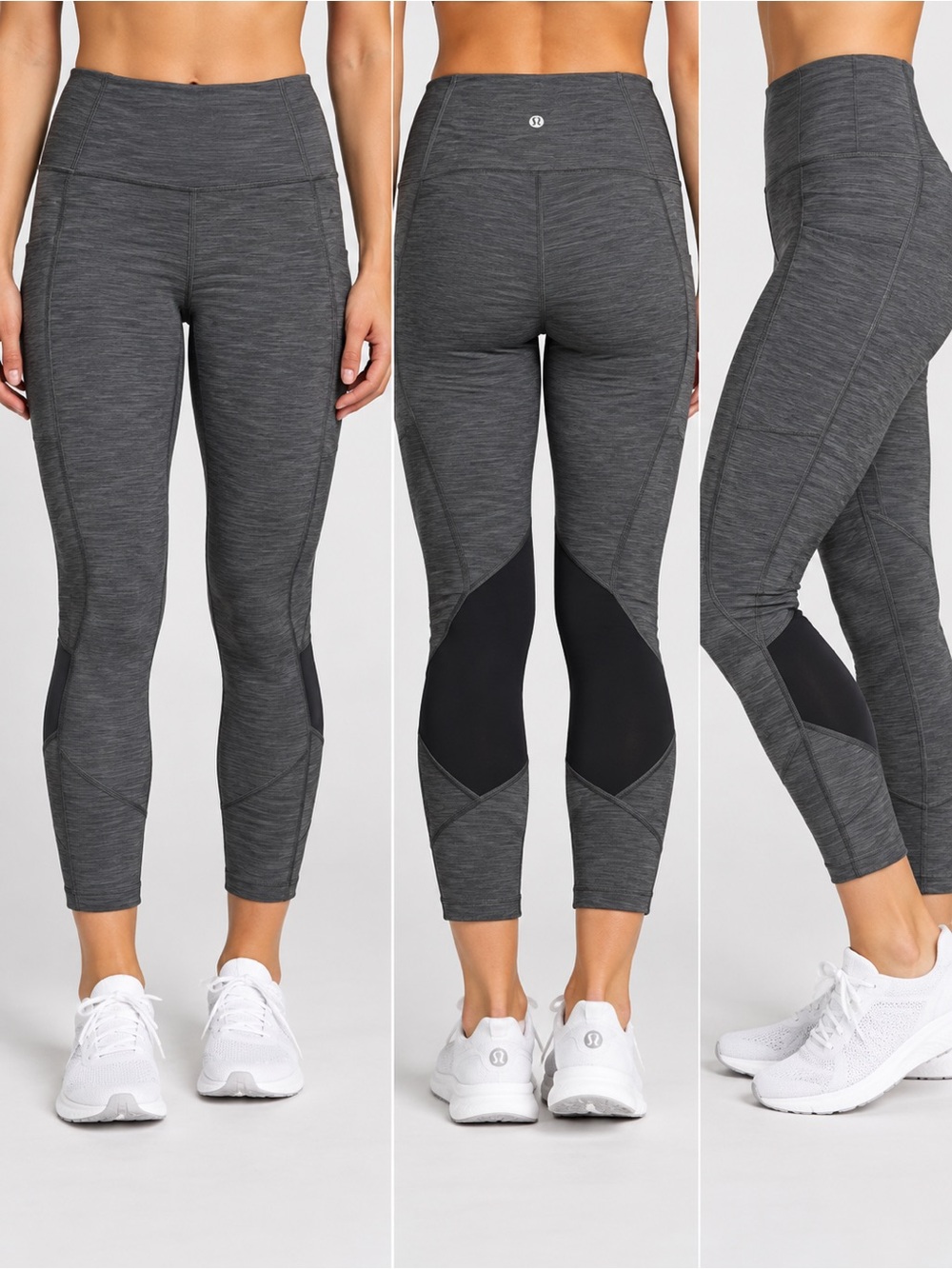 Lululemon Women’s Size 4 Heathered Gray Black Mesh 7/8 Leggings Pockets